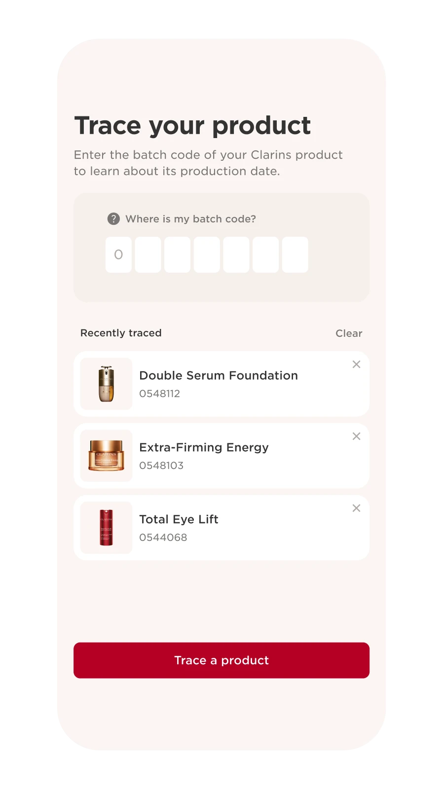 Clarins traceability platform on iPhone