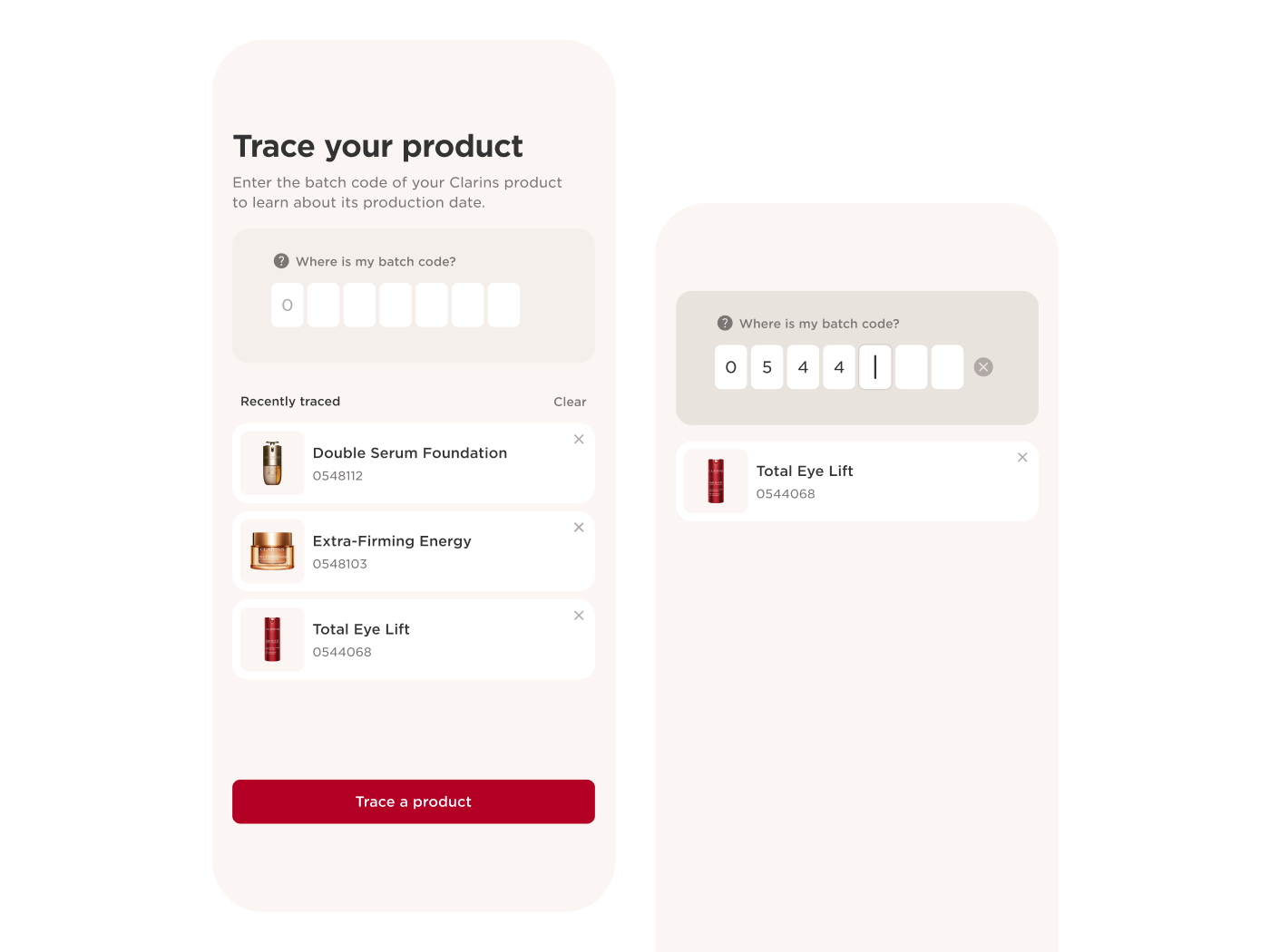 Clarins traceability platform on iPhone