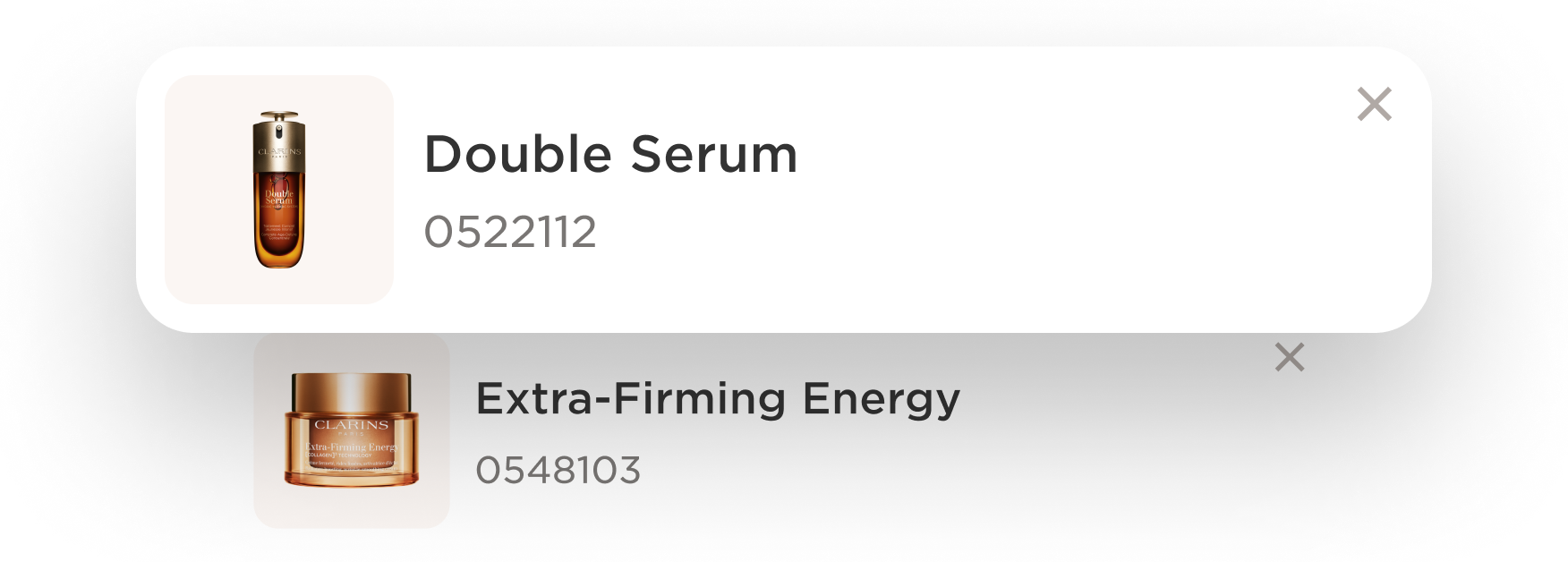 Product cards of an Extra-Firming Energy and a Clarins Double Serum